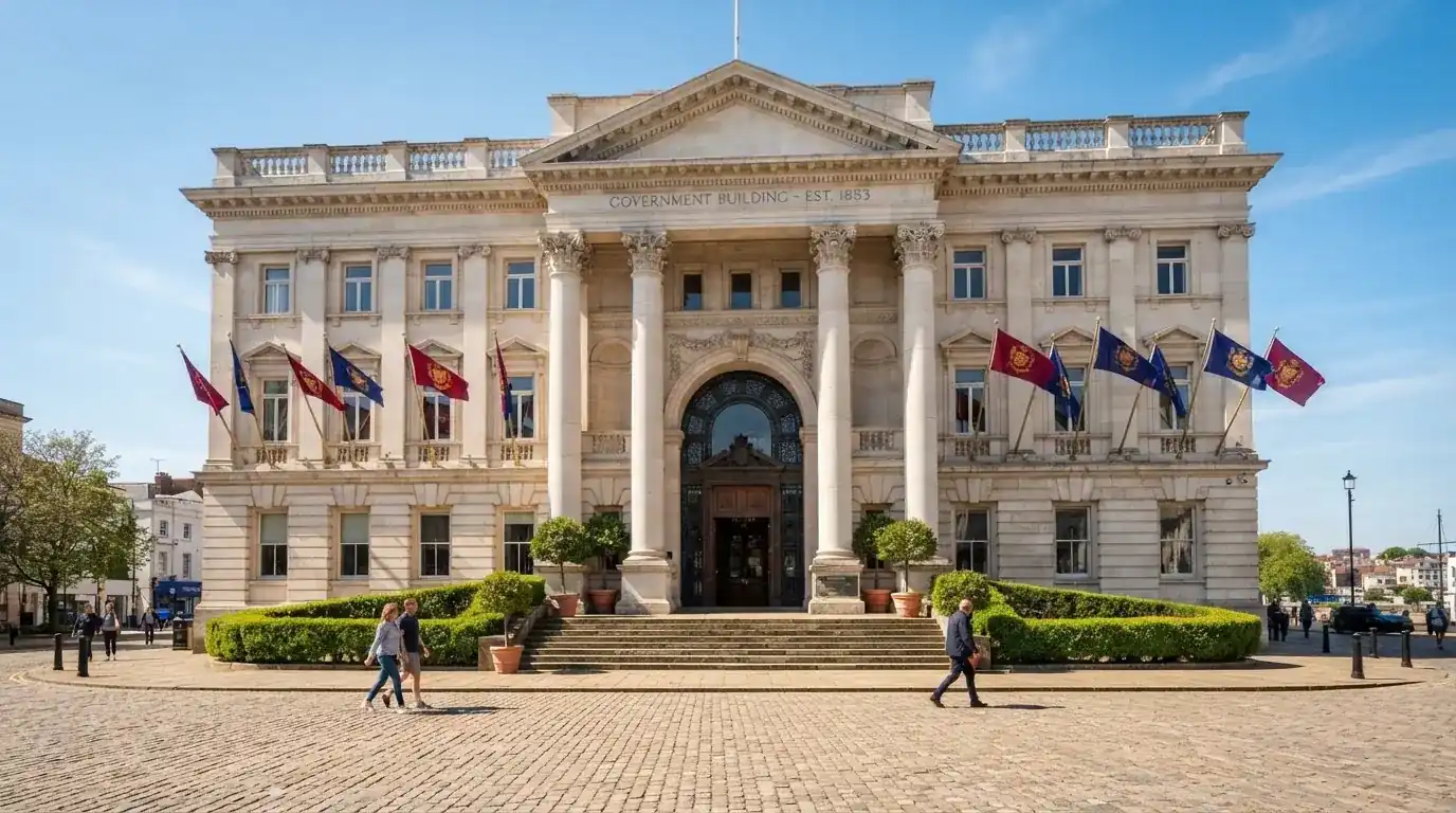 Historická úřední budova s vlajkami na slunečném náměstí — 30, 50, 100, 150 free spinů bez vkladu
