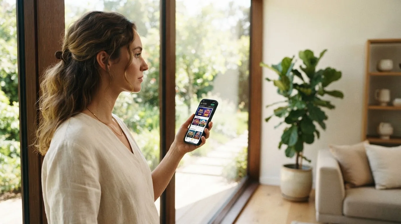 Žena v obývacím pokoji drží telefon a zamyšleně hledí z okna za dne.