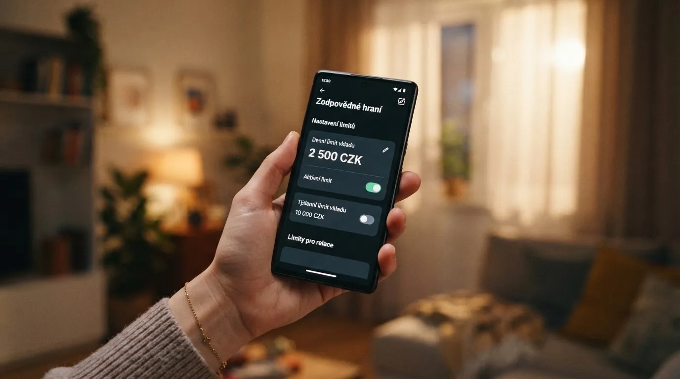 Ruka drží chytrý telefon u okna, klidné večerní světlo — bezpečné zahraniční casino pro české hráče