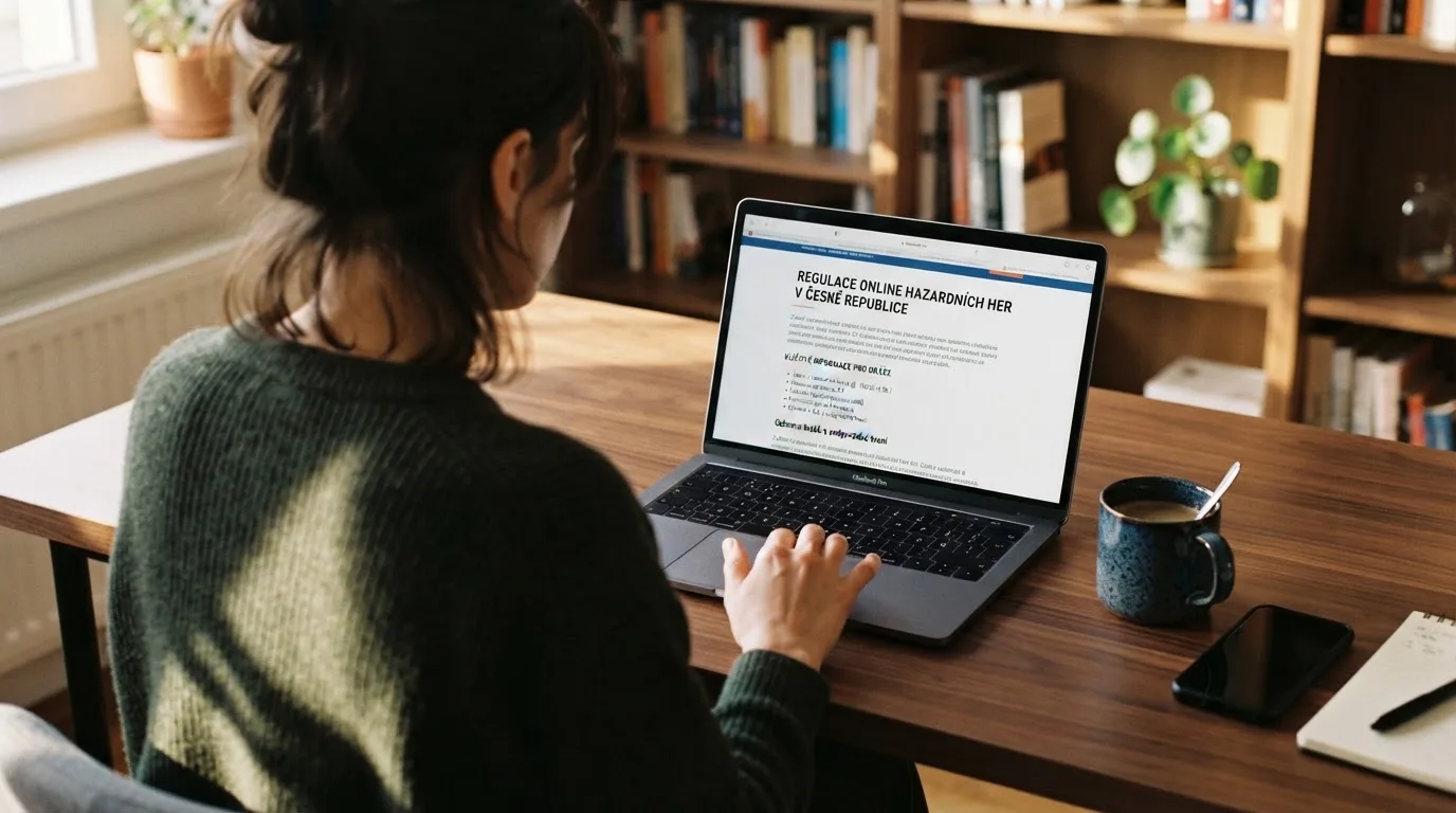 Člověk u notebooku čte informační stránku o online hazardu v Česku — bezpečné zahraniční casino pro české hráče
