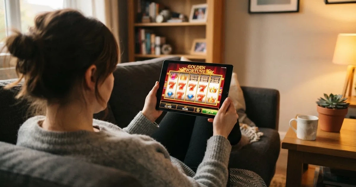 Hráč na gauči s tabletem, šálek kávy na stolku, teplé světlo — bonus za založení účtu casino