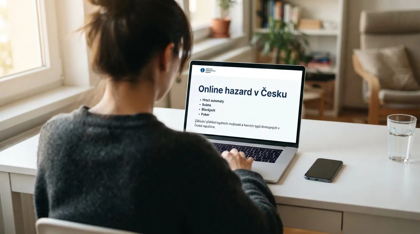 Člověk u notebooku čte informační stránku o online hazardu v Česku — bonus za založení účtu casino