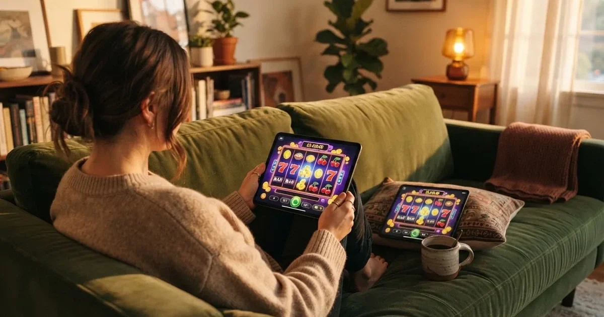 Hráč na gauči s tabletem, šálek kávy na stolku, teplé světlo — casina promo kód bez vkladu