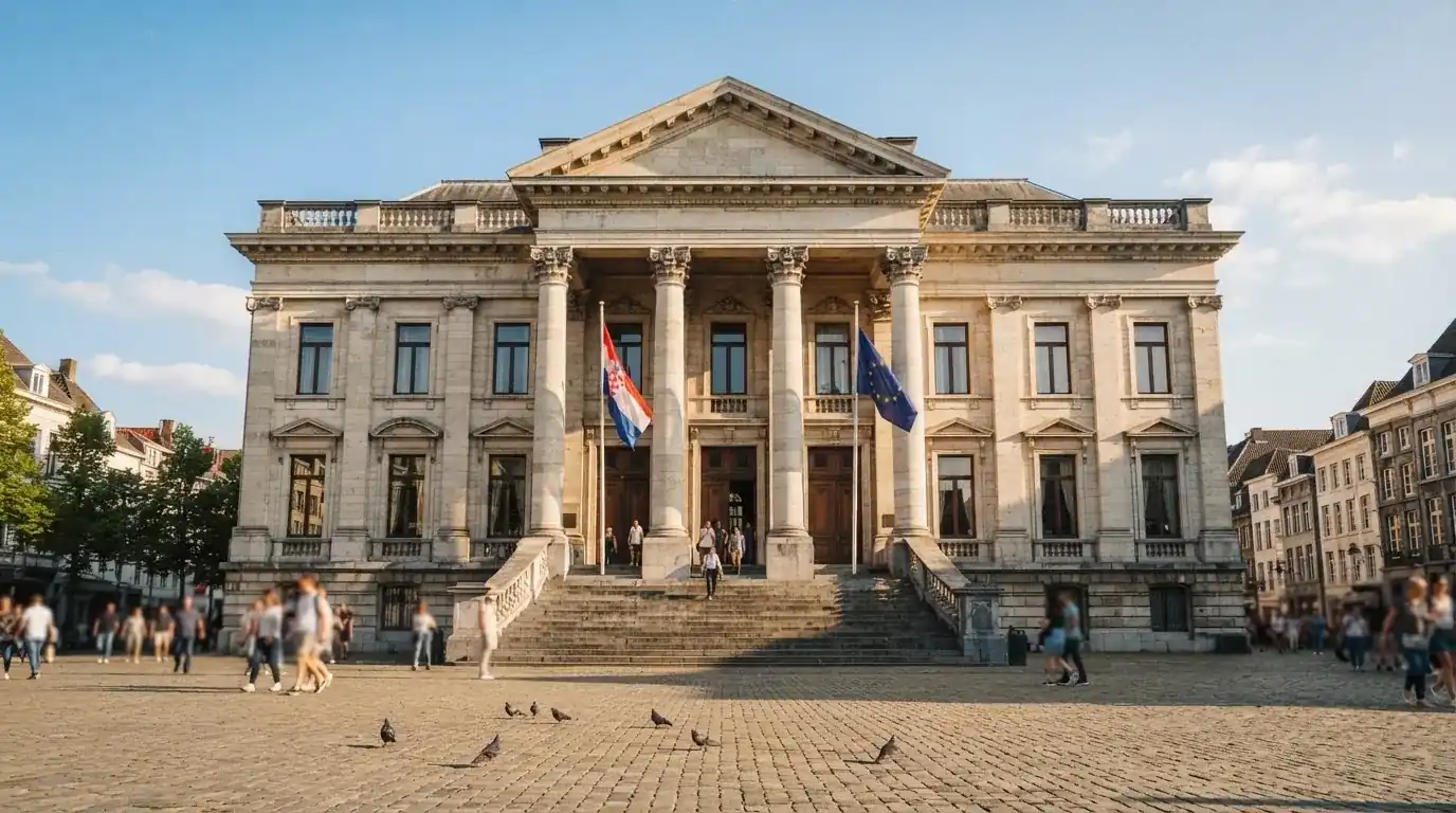 Historická úřední budova s vlajkami na slunečném náměstí — casina promo kód bez vkladu