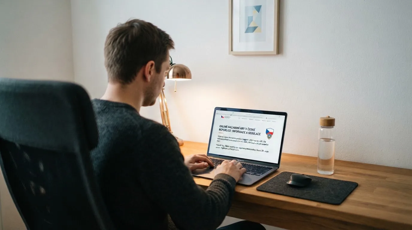 Člověk u notebooku čte informační stránku o online hazardu v Česku — casina promo kód bez vkladu