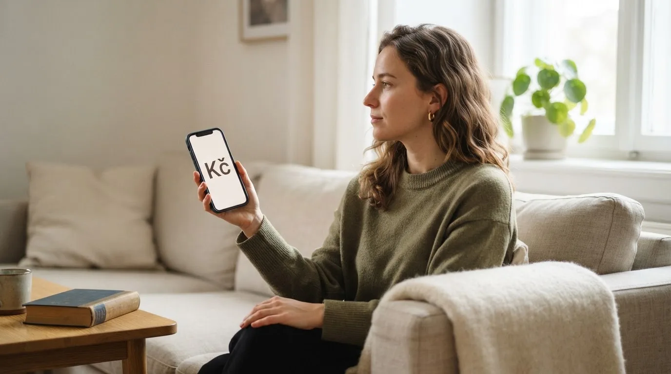 Žena v obývacím pokoji drží telefon a zamyšleně hledí z okna za dne.