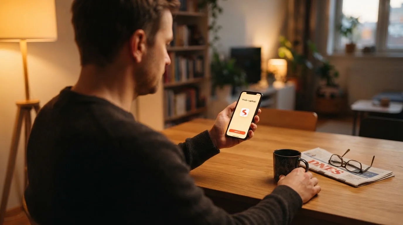 Muž sedí u stolu a poprvé otevírá aplikaci na chytrém telefonu v podvečer.
