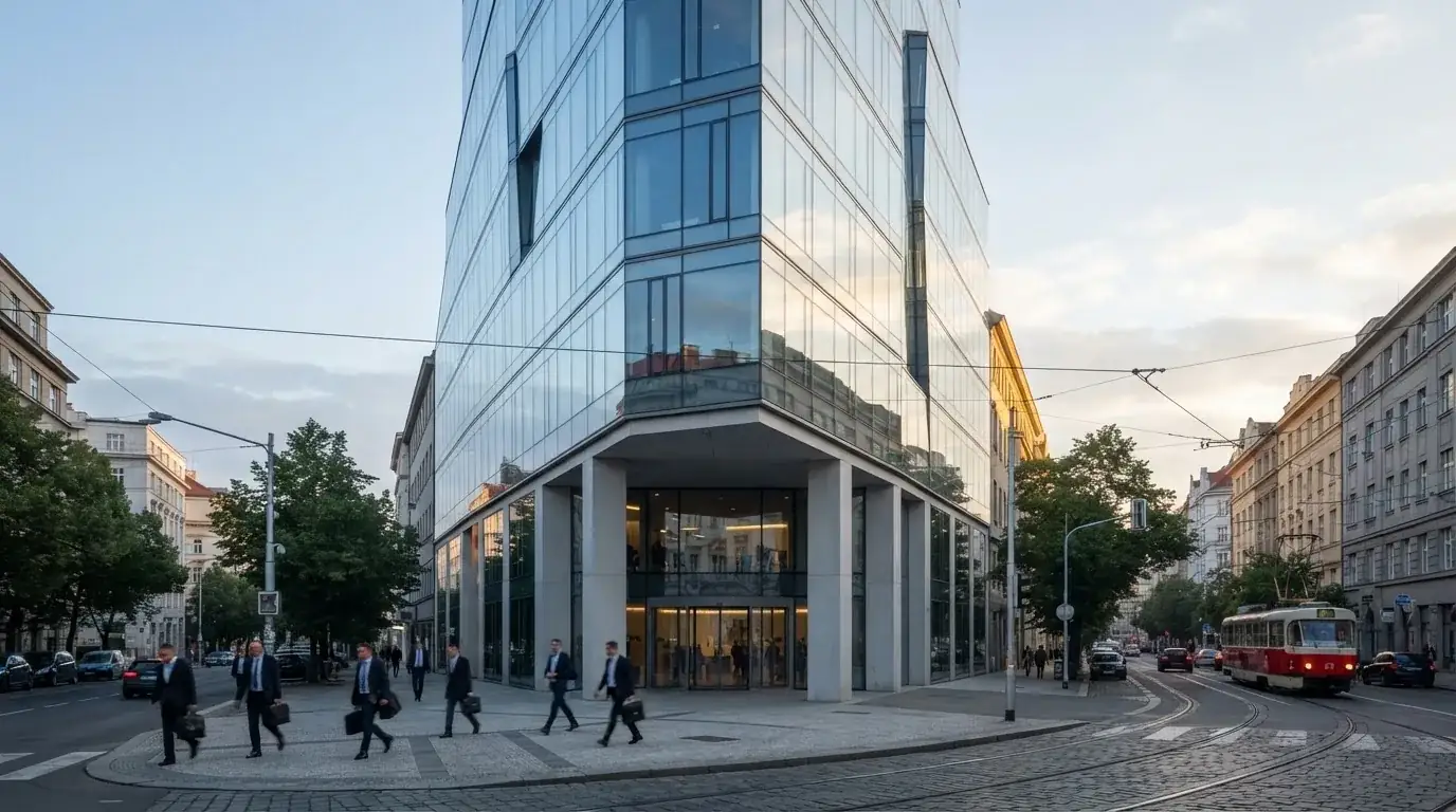 Fasáda moderní administrativní budovy s skleněnými okny odráží ranní oblohu nad rušnou pražskou ulicí.