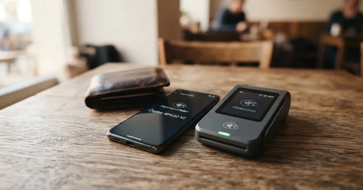 Platební terminál a telefon na dřevěném stole vedle peněženky — casino okamžitý výběr