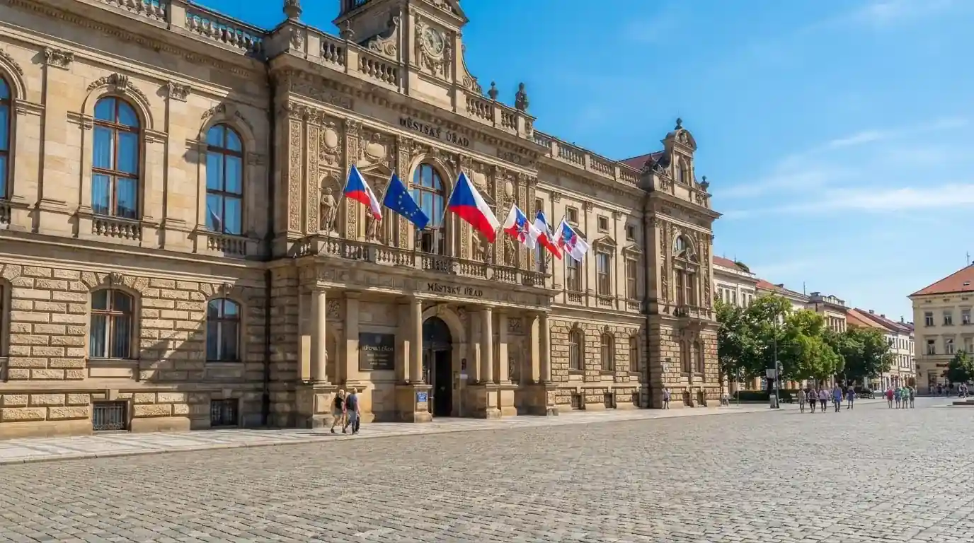 Historická úřední budova s vlajkami na slunečném náměstí — casino okamžitý výběr