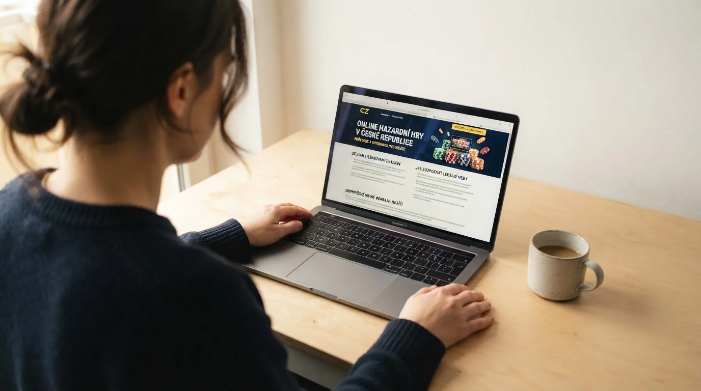 Člověk u notebooku čte informační stránku o online hazardu v Česku — casino okamžitý výběr