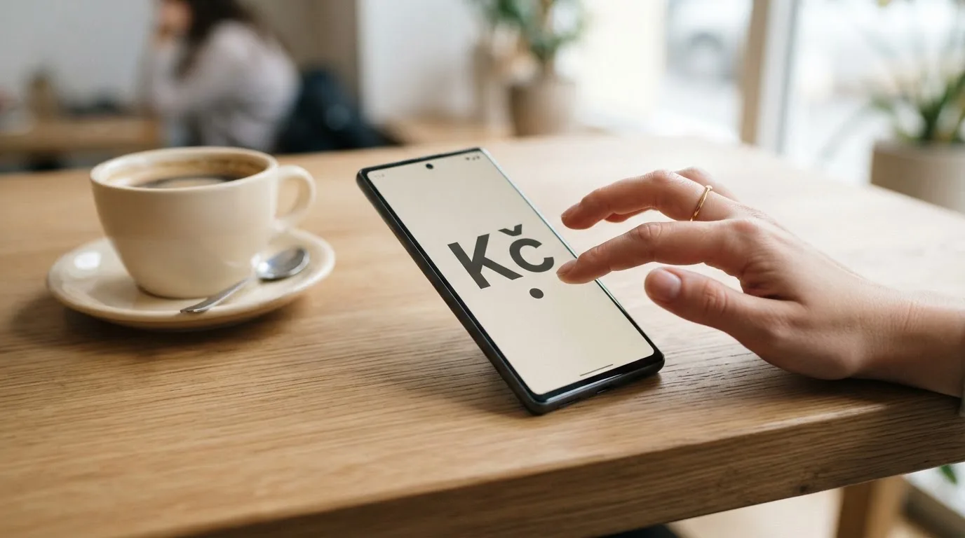Ruka zadává platbu na displeji telefonu vedle šálku kávy na stole.