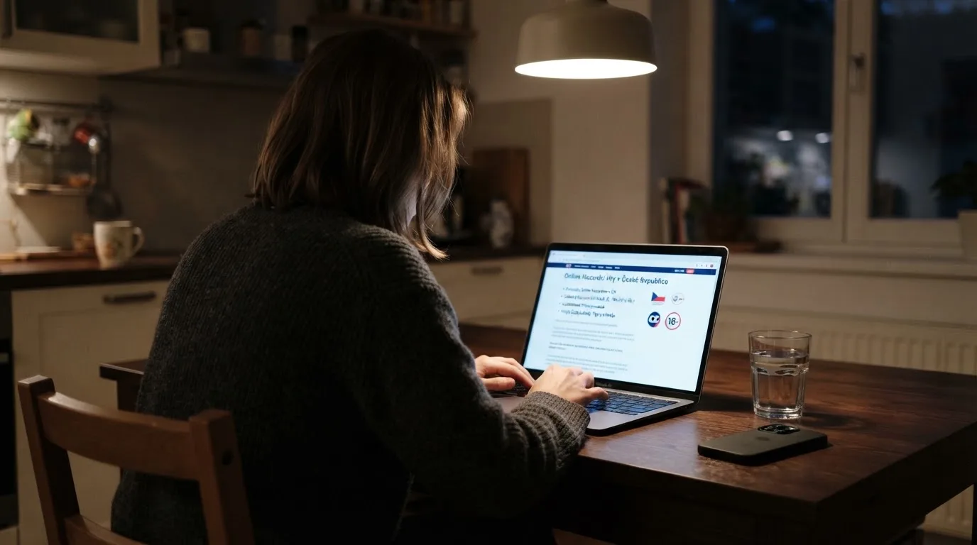 Člověk u notebooku čte informační stránku o online hazardu v Česku — hrací automaty hrací automaty zdarma online
