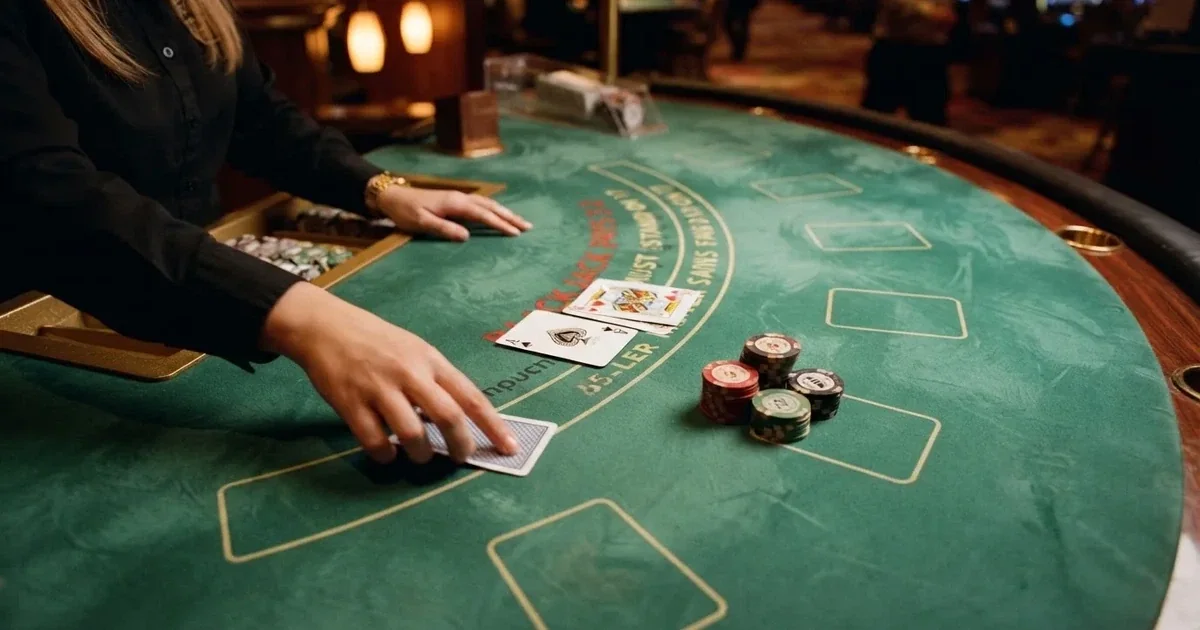 Osvětlený herní stůl s kartami a žetony shora — live blackjack pro české hráče