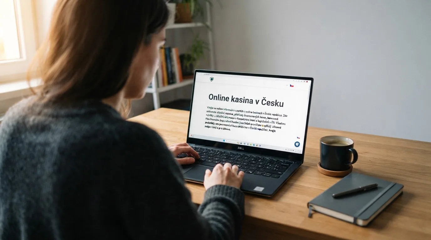 Člověk u notebooku čte informační stránku o online hazardu v Česku — live blackjack pro české hráče