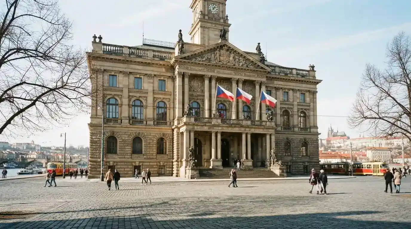 Historická úřední budova s vlajkami na slunečném náměstí — live ruleta CZ s česky mluvícími krupiéry