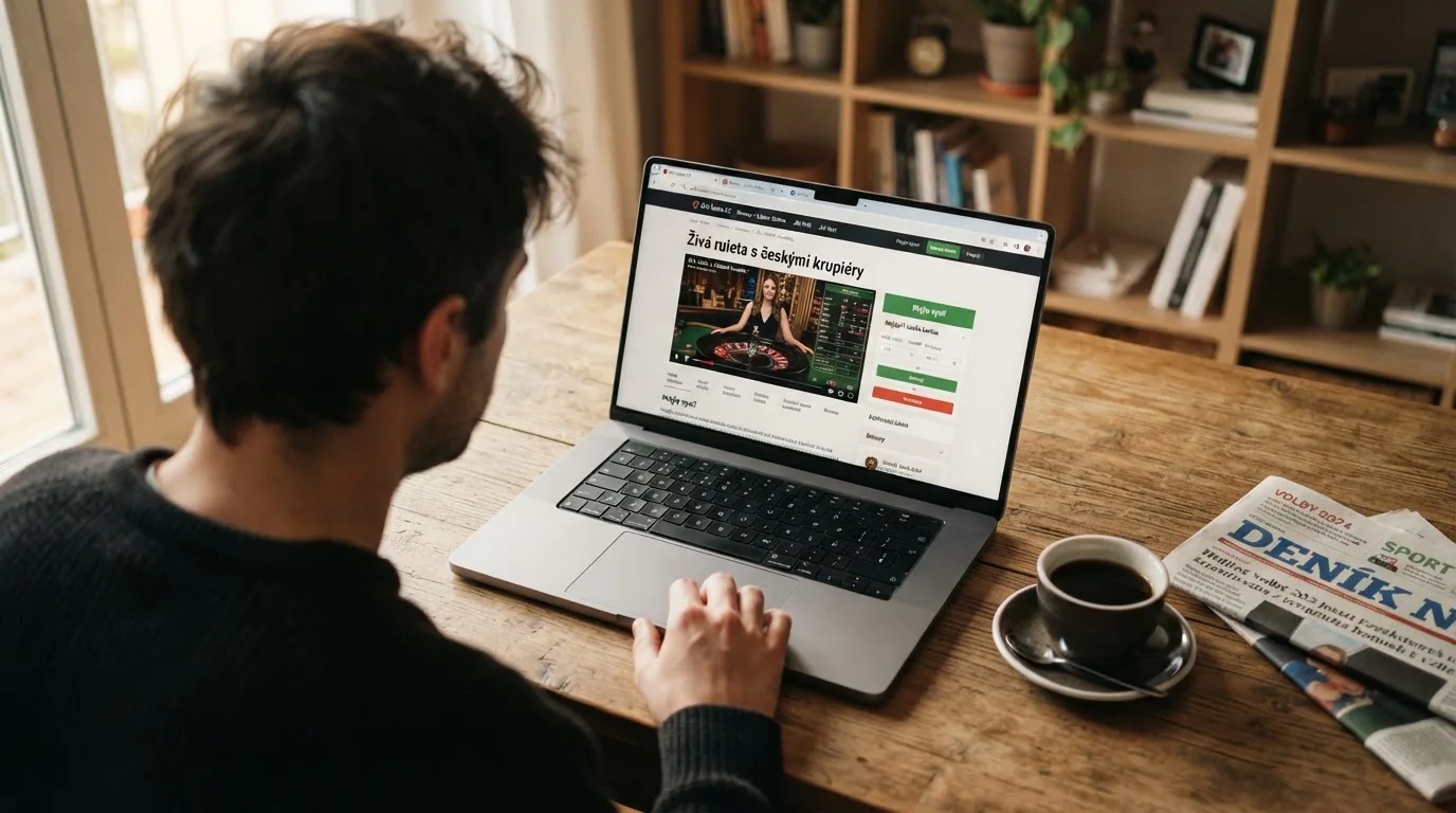 Člověk u notebooku čte informační stránku o online hazardu v Česku — live ruleta CZ s česky mluvícími krupiéry
