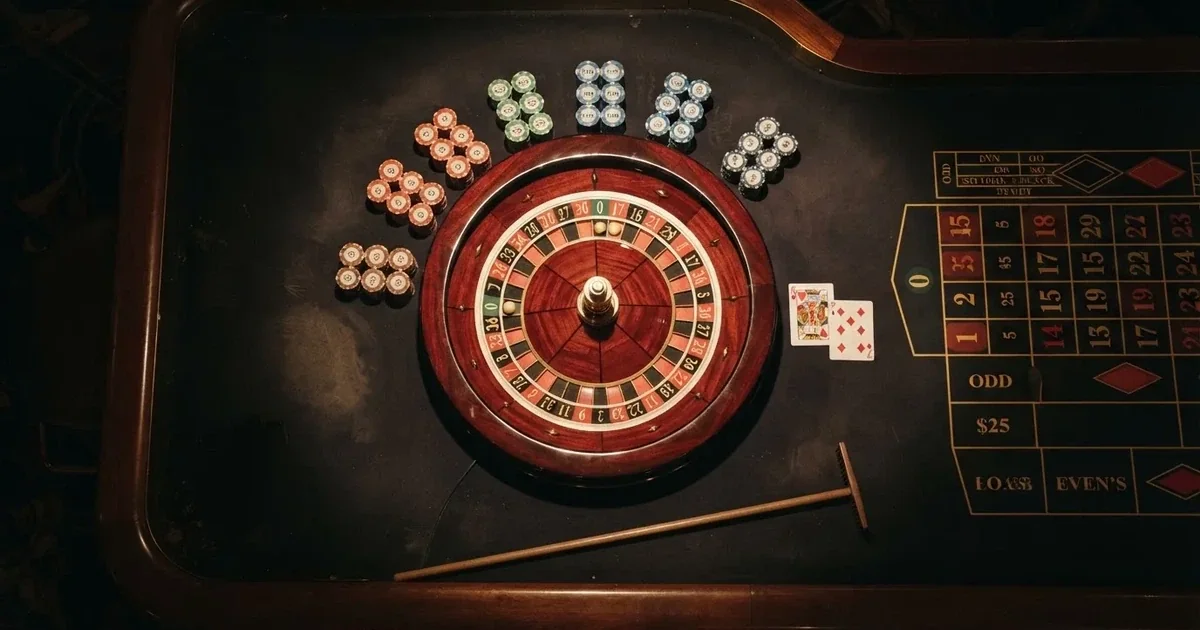 Osvětlený herní stůl s kartami a žetony shora — live ruleta CZ s česky mluvícími krupiéry