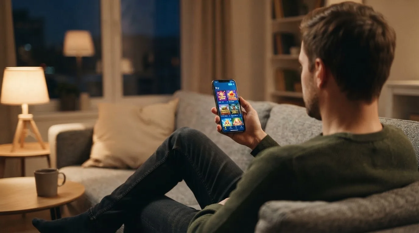 Muž sedí na gauči a poprvé otevírá aplikaci na chytrém telefonu večer.