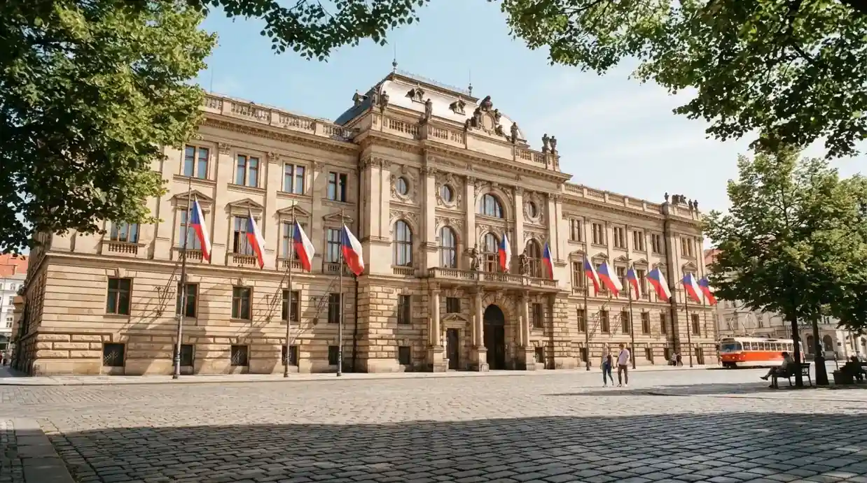 Historická úřední budova s vlajkami na slunečném náměstí — nejlepší automaty online za peníze