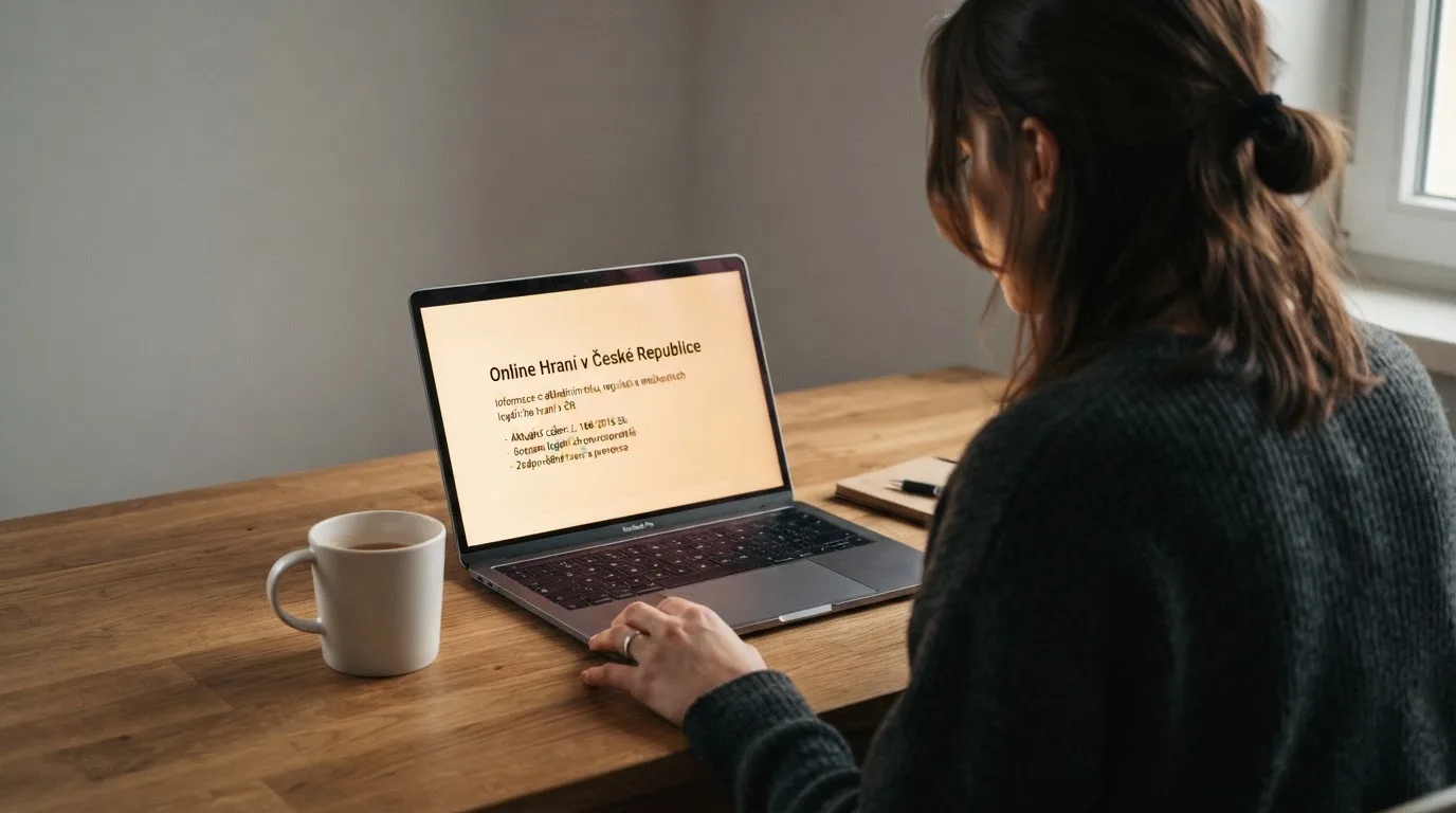 Člověk u notebooku čte informační stránku o online hazardu v Česku — nejlepší automaty online za peníze