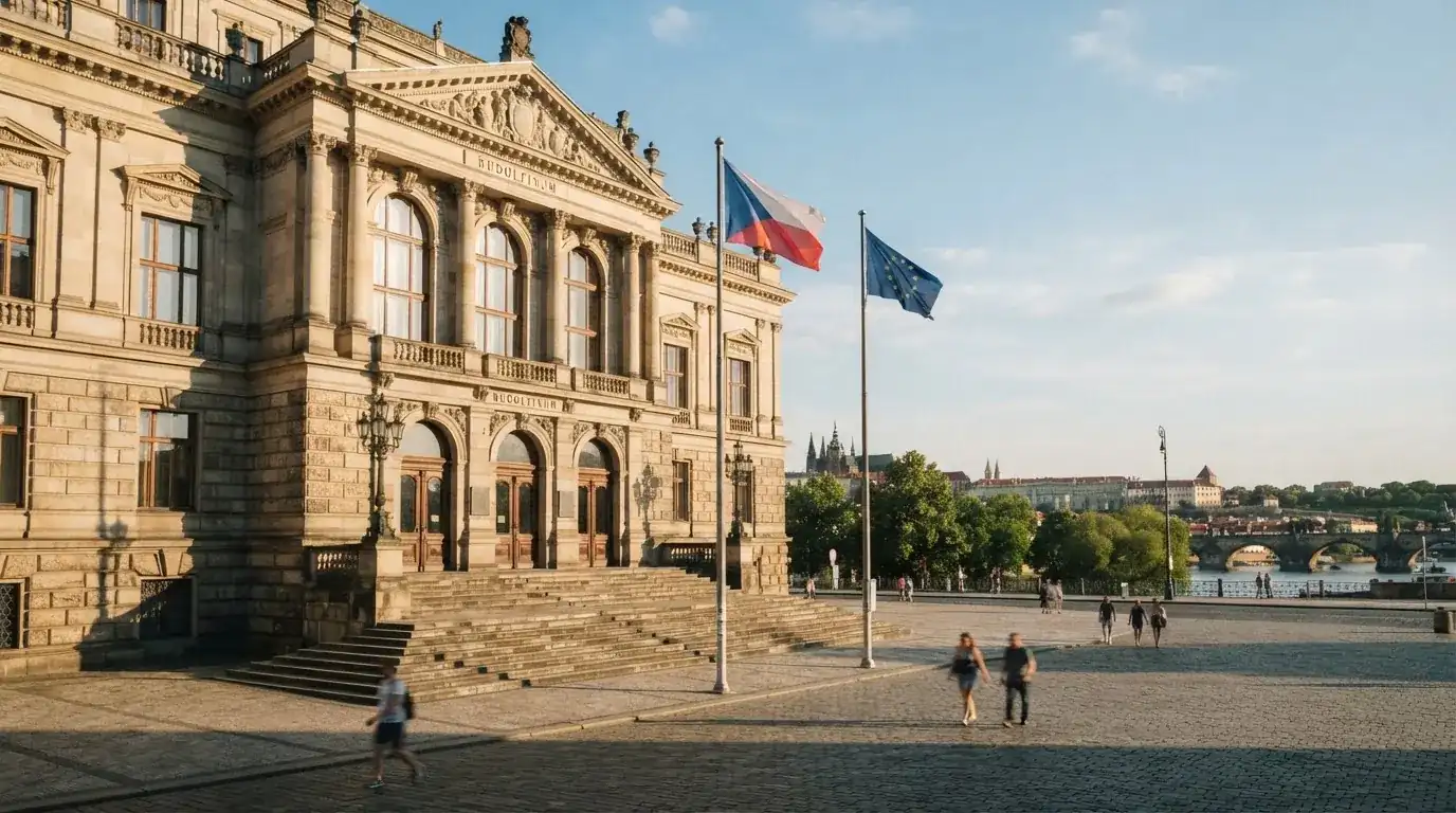 Historická úřední budova s vlajkami na slunečném náměstí — nejlepší krypto casino pro české hráče