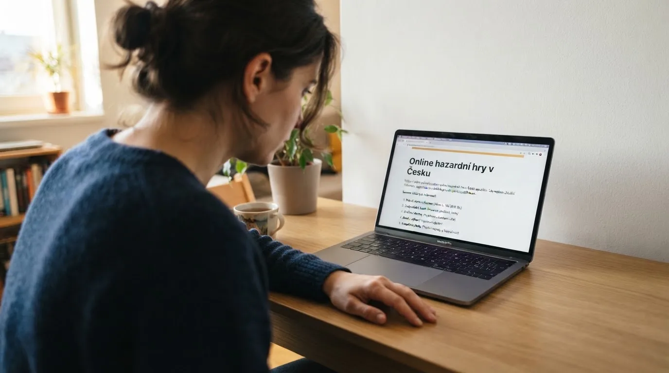 Člověk u notebooku čte informační stránku o online hazardu v Česku — nejlepší krypto kasina cz