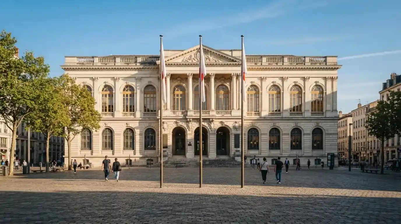 Historická úřední budova s vlajkami na slunečném náměstí — nejlepší live casino CZ