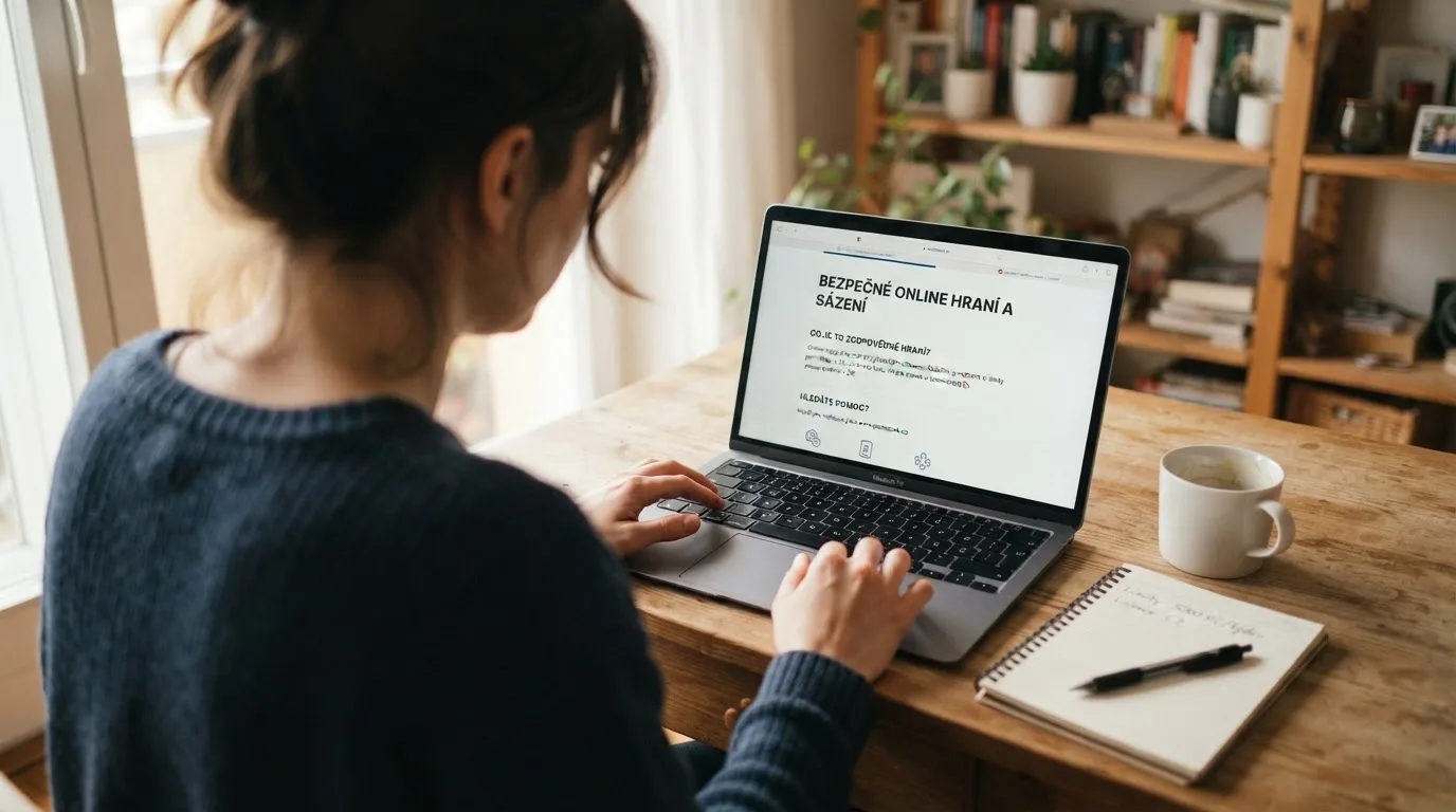 Člověk u notebooku čte informační stránku o online hazardu v Česku — nejlepší online casino CZ